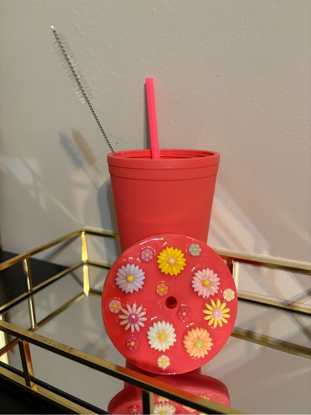 Coral Pink Floral Silicone Cup with Straw